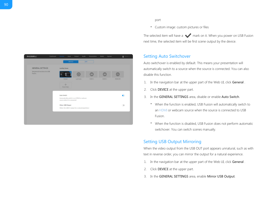 Setting auto switchover, Setting usb output mirroring | Magewell USB Fusion HDMI & USB Video Capture Device User Manual | Page 90 / 166