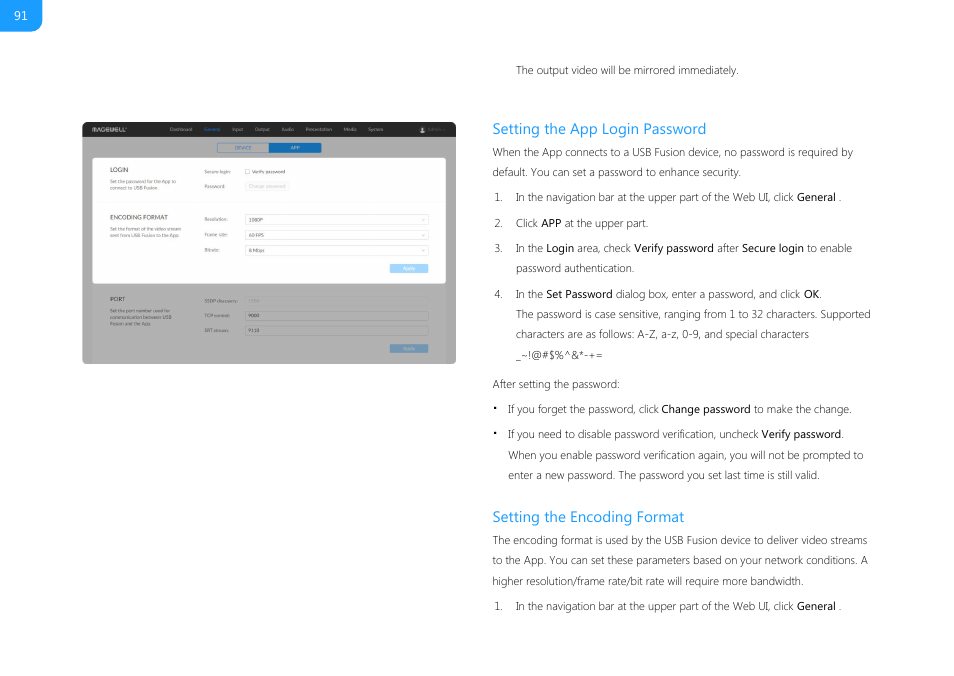 Connecting to the device. to set the password, see, Setting the app, Login password | Setting the app login password, Setting the encoding format | Magewell USB Fusion HDMI & USB Video Capture Device User Manual | Page 91 / 166