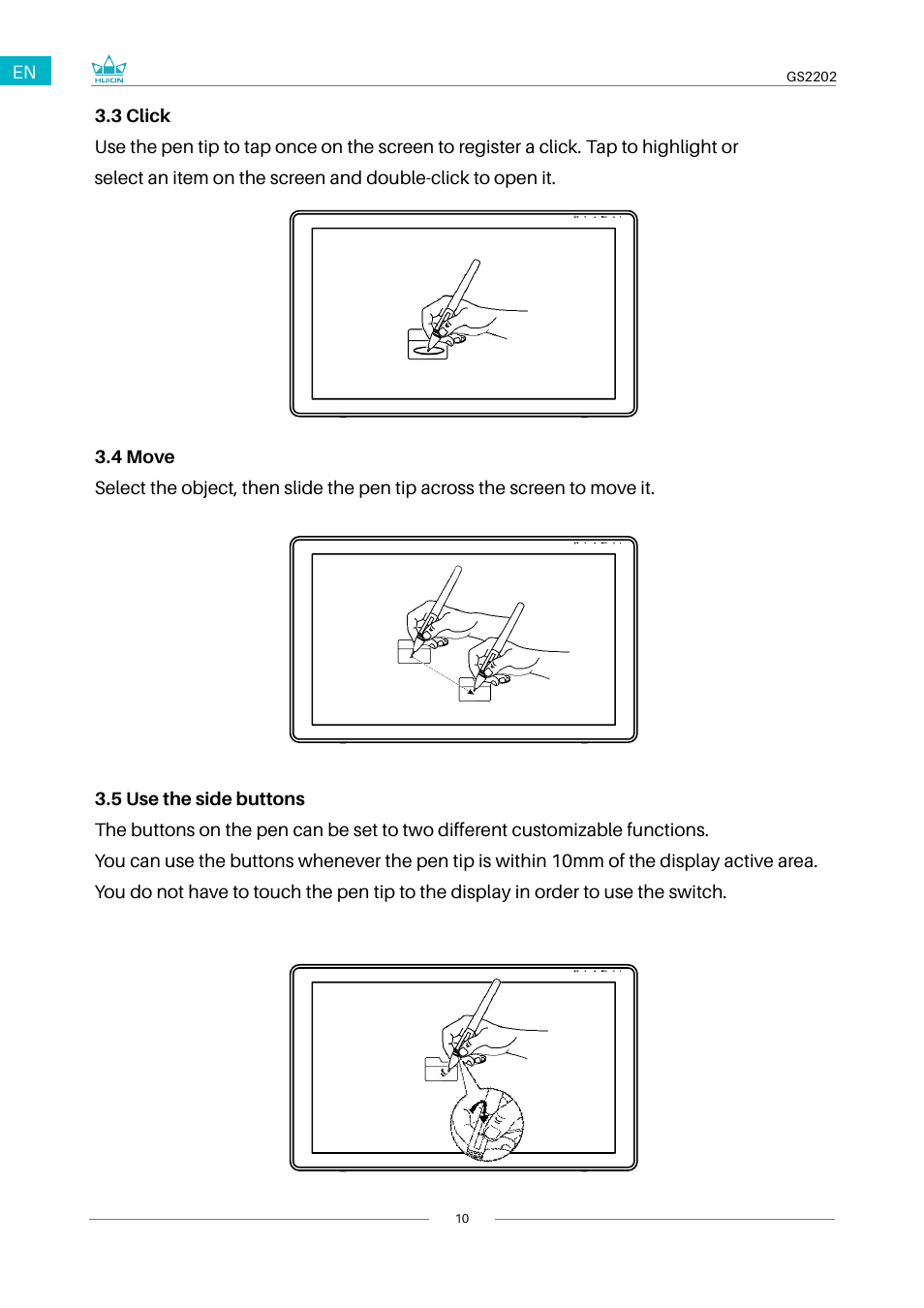 5 use the side buttons, 4 move, 3 click | 3 click 3.4 move 3.5 use the side buttons | Huion Kamvas 22 Plus Pen Display User Manual | Page 10 / 125