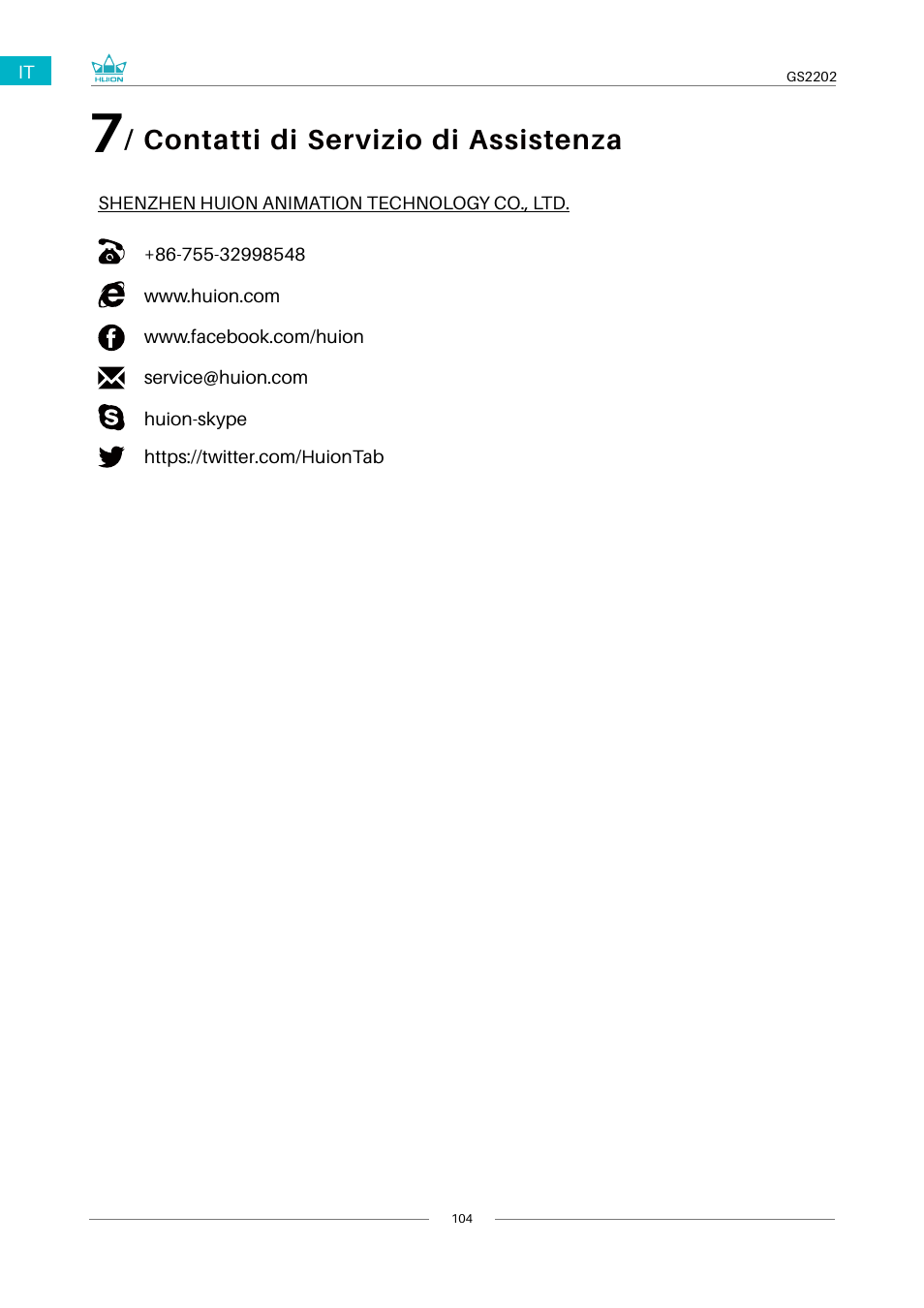 Contatti di servizio di assistenza clienti, Contatti di servizio di assistenza | Huion Kamvas 22 Plus Pen Display User Manual | Page 104 / 125