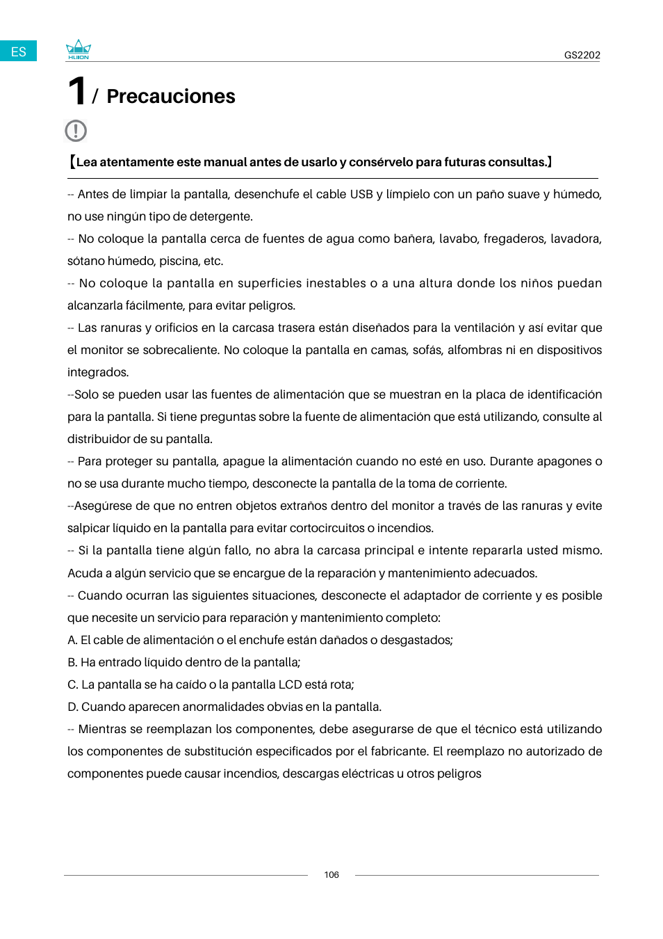 1 / precauciones 2 / descripción del producto, Precauciones | Huion Kamvas 22 Plus Pen Display User Manual | Page 106 / 125