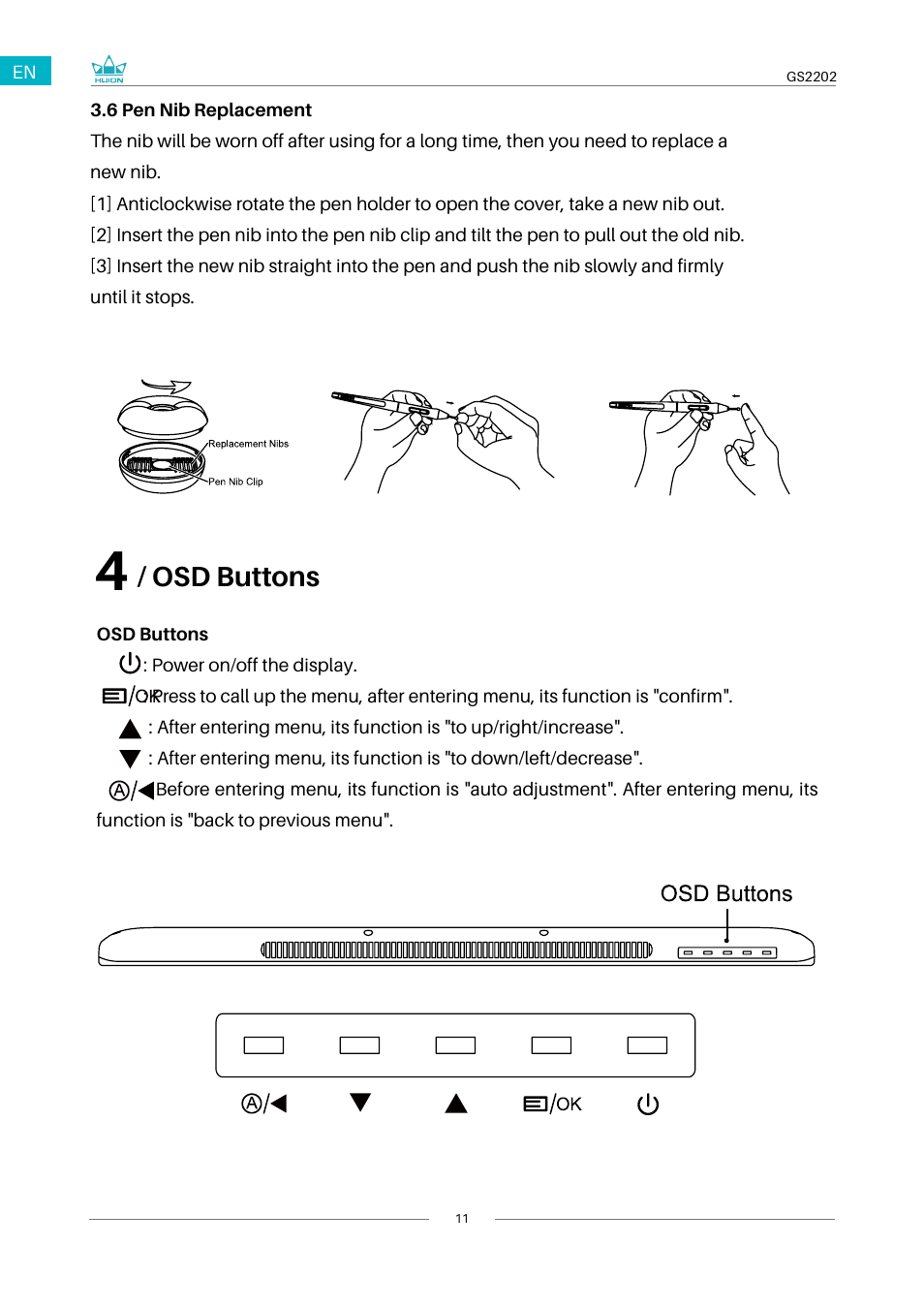 6 pen nib replacement, Osd buttons, 4 / osd buttons | Huion Kamvas 22 Plus Pen Display User Manual | Page 11 / 125