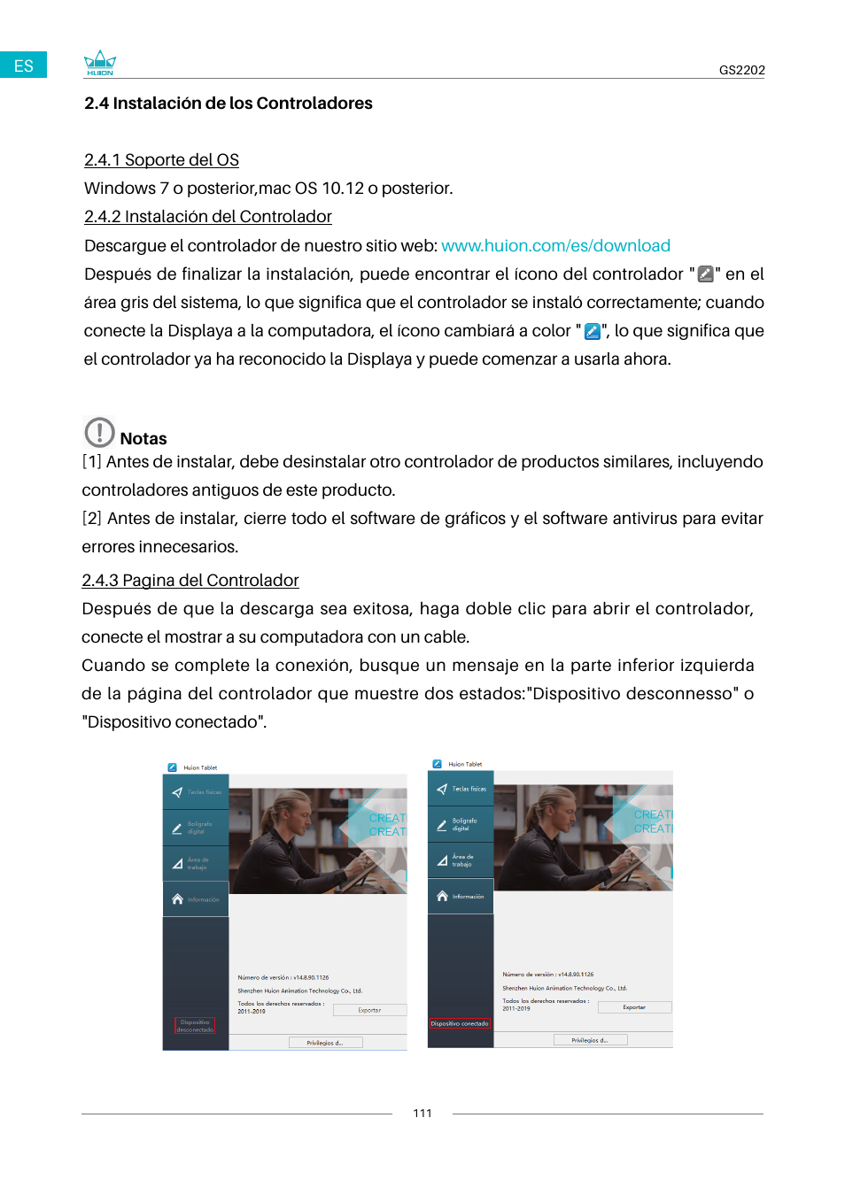 4 instalación de los controladores | Huion Kamvas 22 Plus Pen Display User Manual | Page 111 / 125