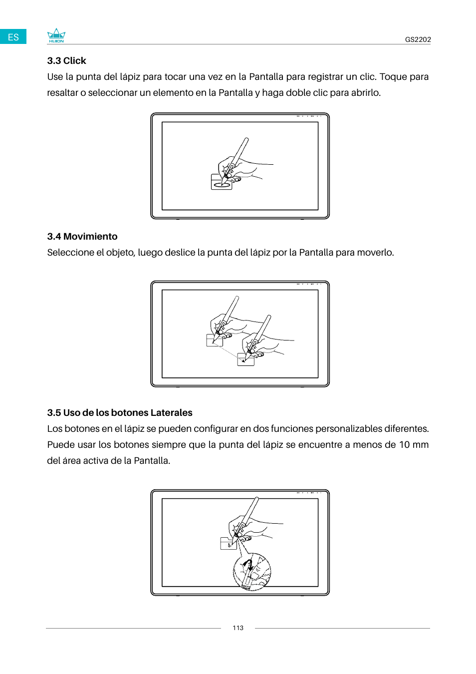 3 click, 4 movimiento, 5 uso de los botones laterales | Huion Kamvas 22 Plus Pen Display User Manual | Page 113 / 125