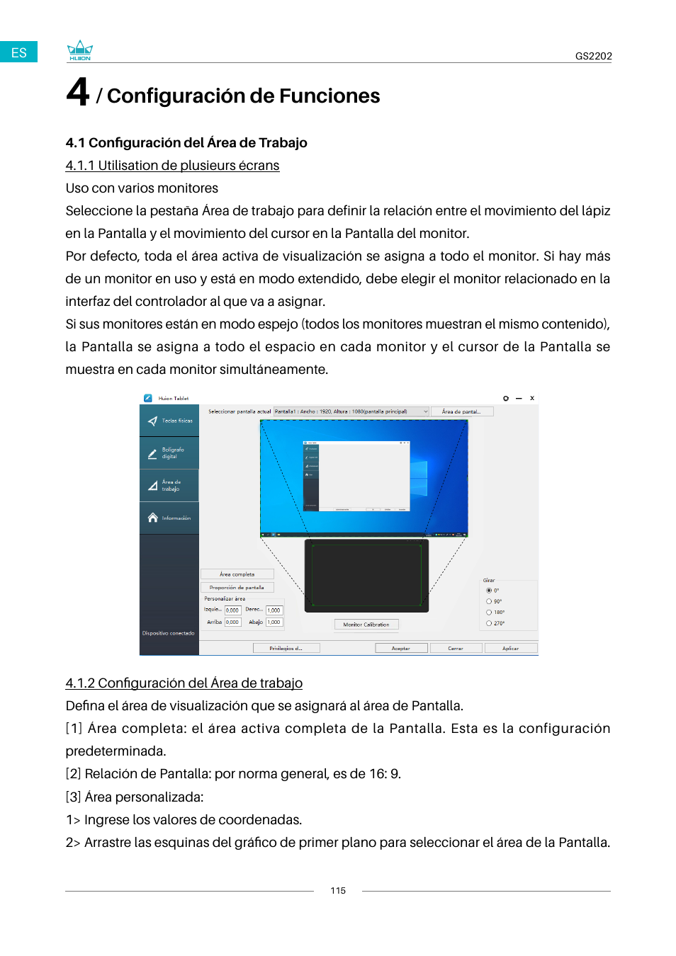 4 / configuración de funciones, 1 configuración del área de trabajo, Configuración de funciones | Huion Kamvas 22 Plus Pen Display User Manual | Page 115 / 125