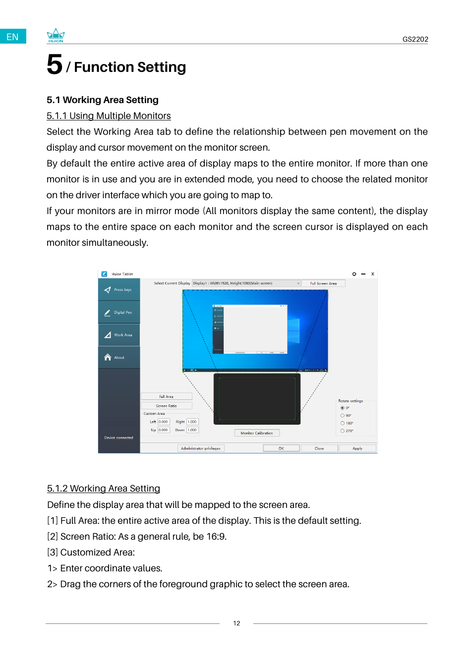 1 working area setting, 5 / function setting, Function setting | Huion Kamvas 22 Plus Pen Display User Manual | Page 12 / 125