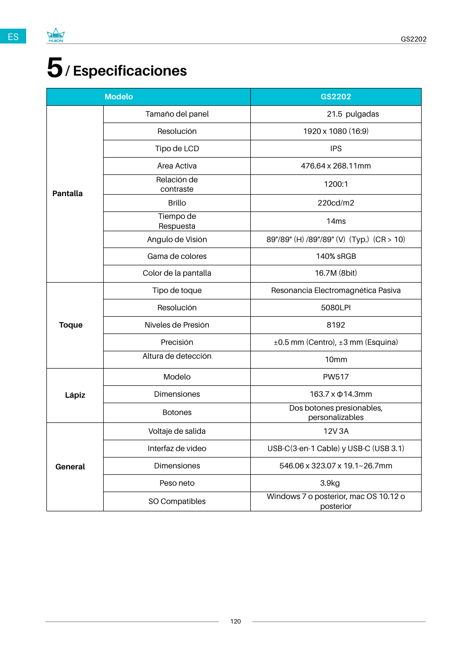 5 / especificaciones, Especificaciones | Huion Kamvas 22 Plus Pen Display User Manual | Page 120 / 125