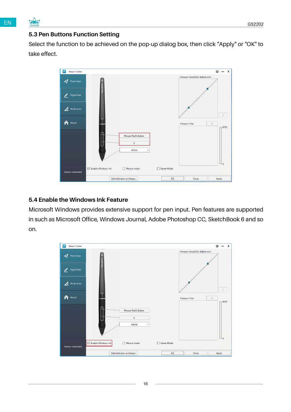 3 enable the windows ink feature, 2 pen buttons function setting | Huion Kamvas 22 Plus Pen Display User Manual | Page 16 / 125
