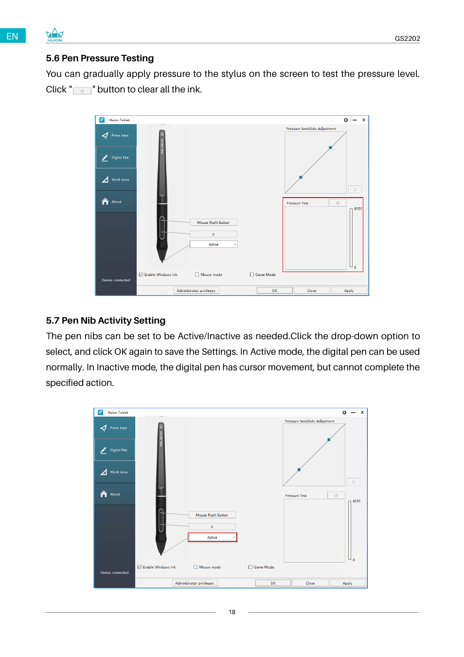 5 pen pressure testing, 6 pen nib activity setting | Huion Kamvas 22 Plus Pen Display User Manual | Page 18 / 125
