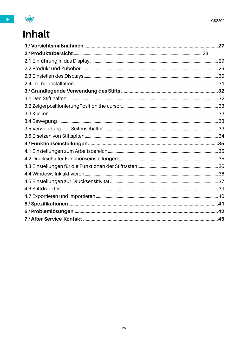 Inhalt | Huion Kamvas 22 Plus Pen Display User Manual | Page 25 / 125