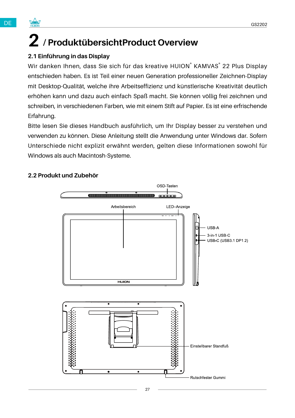 1 einführung in das display, Produktübersichtproduct overview | Huion Kamvas 22 Plus Pen Display User Manual | Page 27 / 125