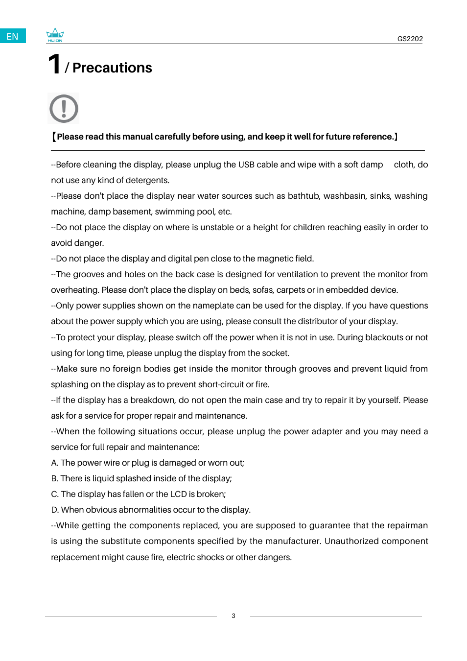 Precautions, 1 / precautions | Huion Kamvas 22 Plus Pen Display User Manual | Page 3 / 125
