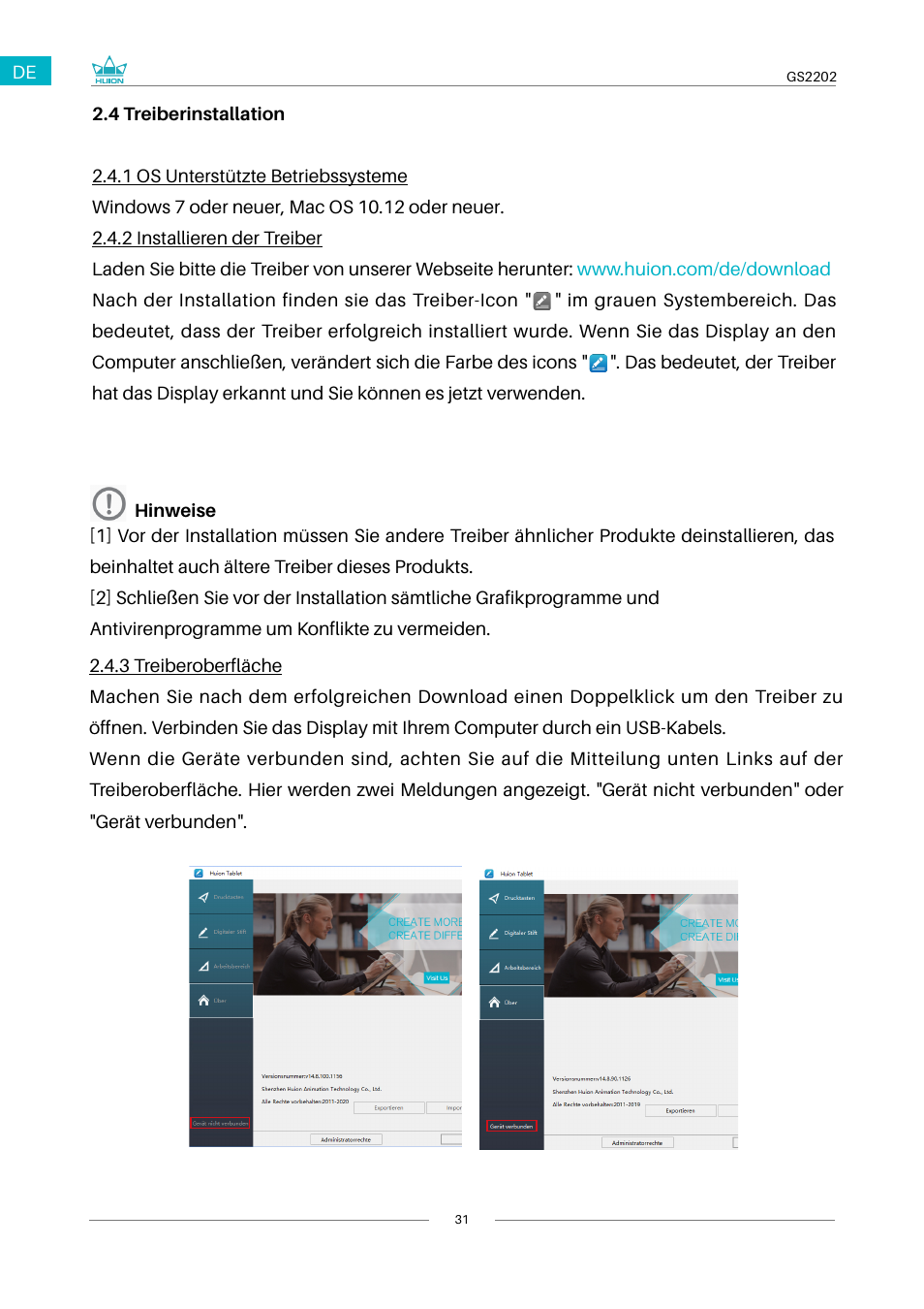 4 treiber installation | Huion Kamvas 22 Plus Pen Display User Manual | Page 31 / 125