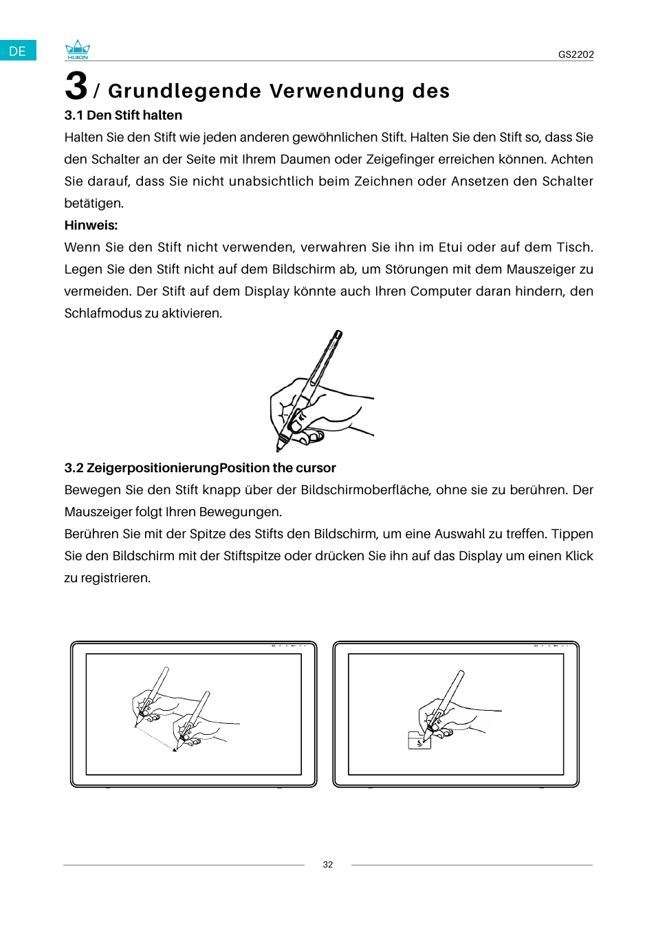 3 / grundlegende verwendung des stifts, Grundlegende verwendung des | Huion Kamvas 22 Plus Pen Display User Manual | Page 32 / 125