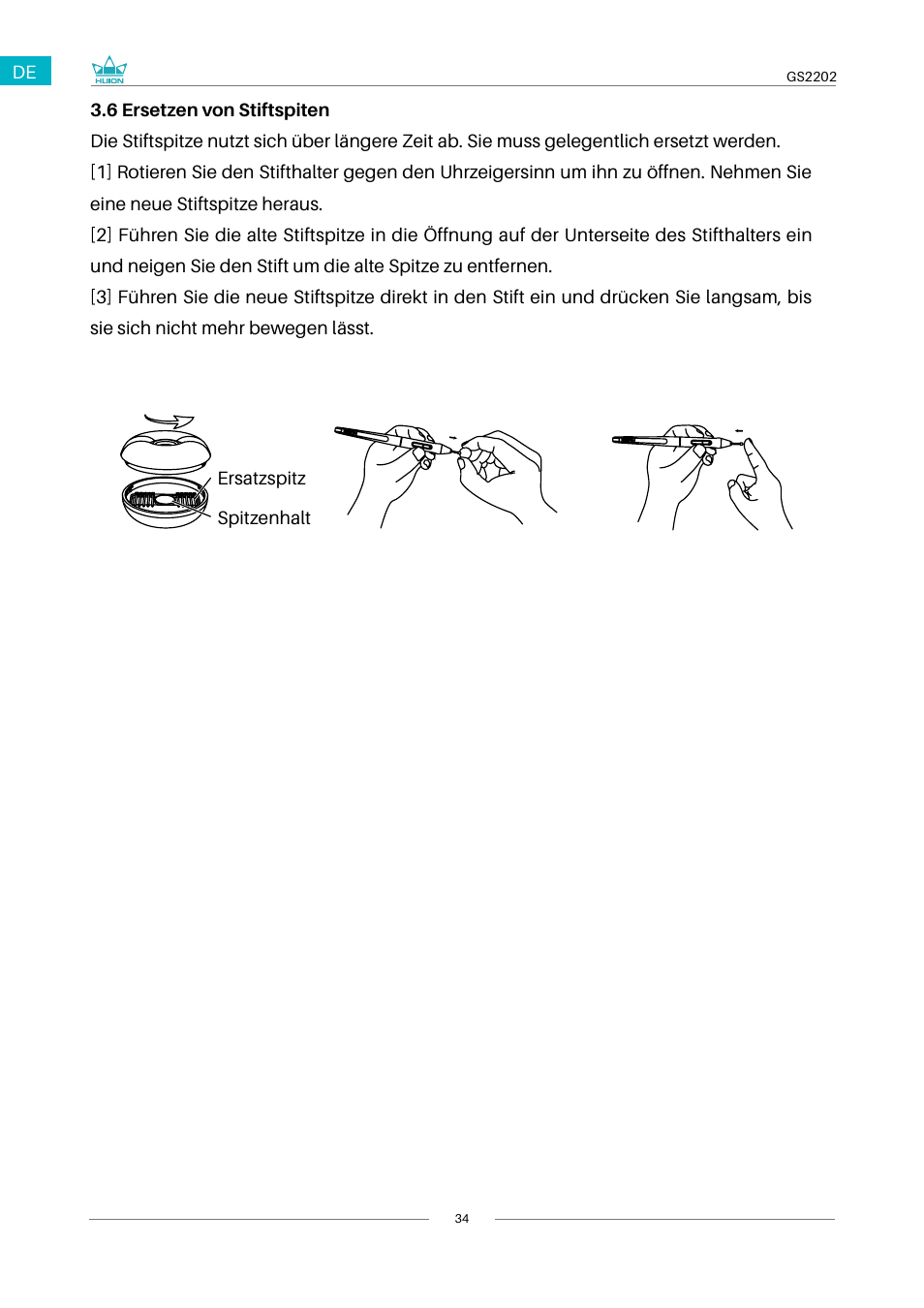 6 ersetzen von stiftspiten | Huion Kamvas 22 Plus Pen Display User Manual | Page 34 / 125