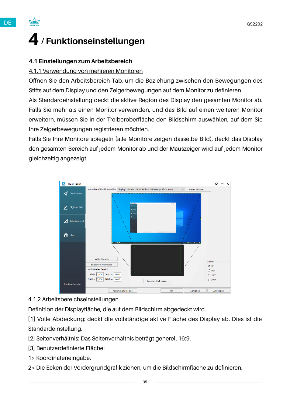 4 / funktionseinstellungen, 1 einstellungen zum arbeitsbereich, Funktionseinstellungen | Huion Kamvas 22 Plus Pen Display User Manual | Page 35 / 125