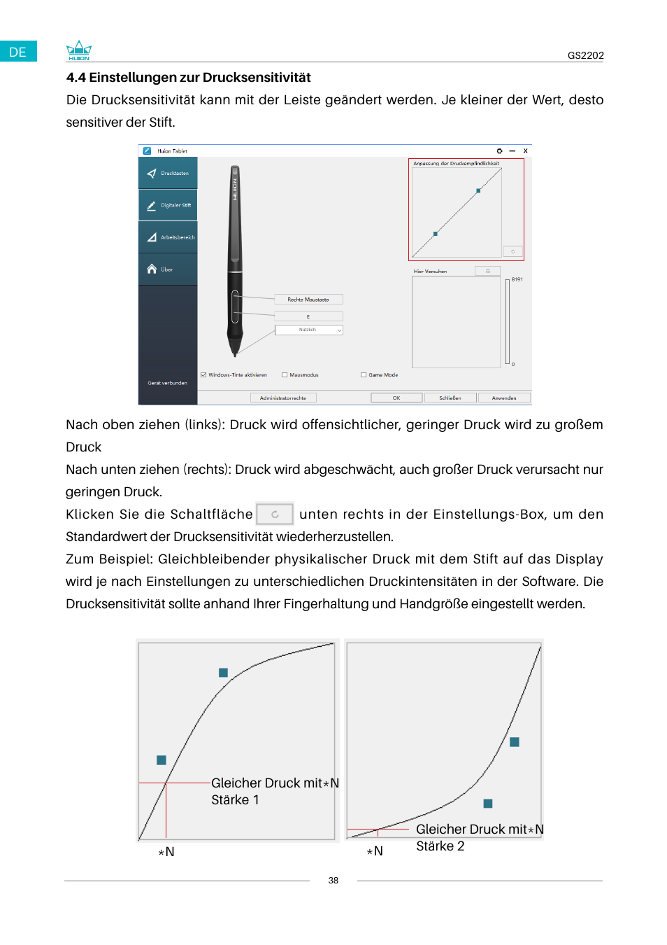 5 einstellungen zur drucksensitivität | Huion Kamvas 22 Plus Pen Display User Manual | Page 38 / 125