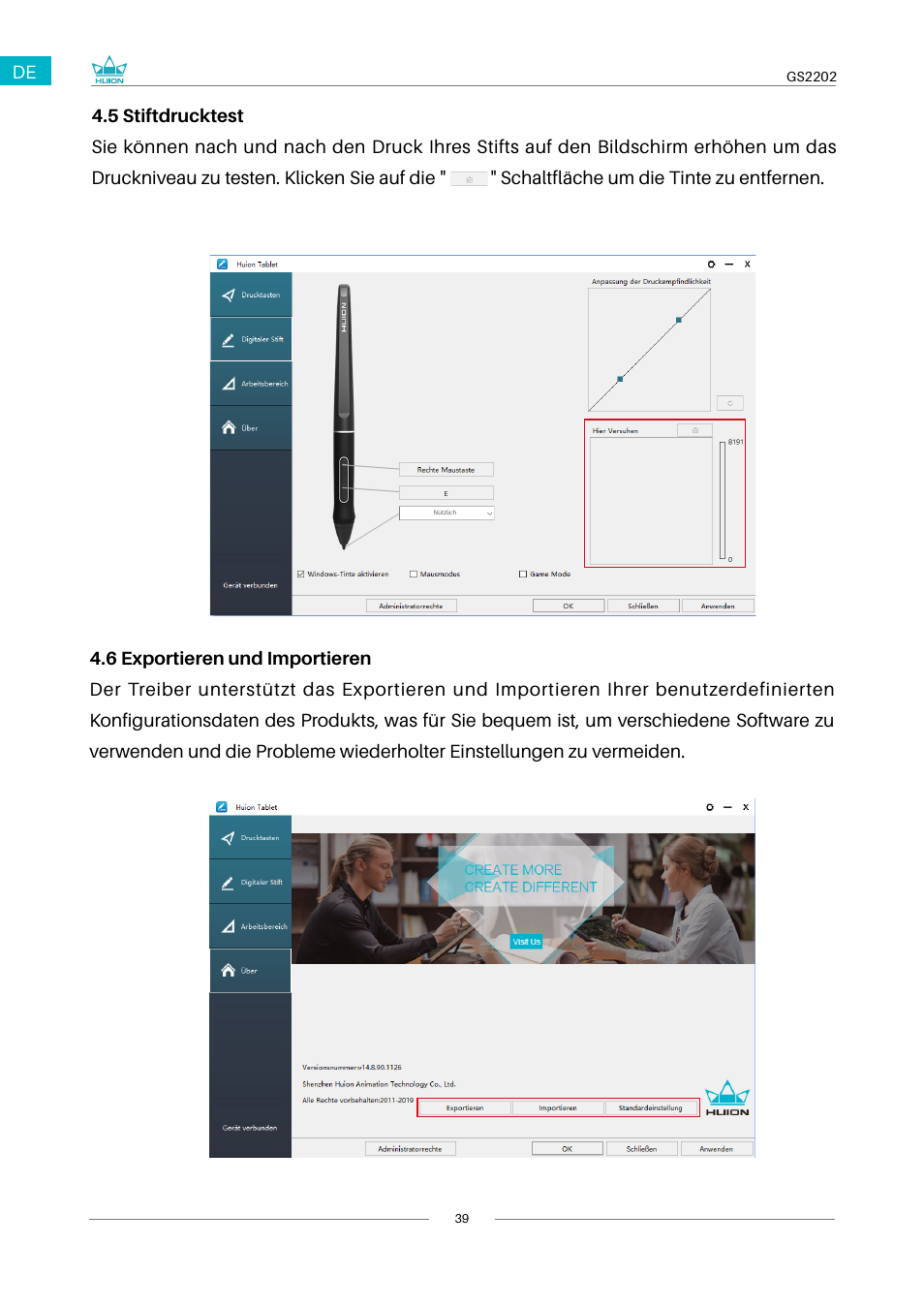 6 stiftdrucktest 4.7 exportieren und importieren | Huion Kamvas 22 Plus Pen Display User Manual | Page 39 / 125