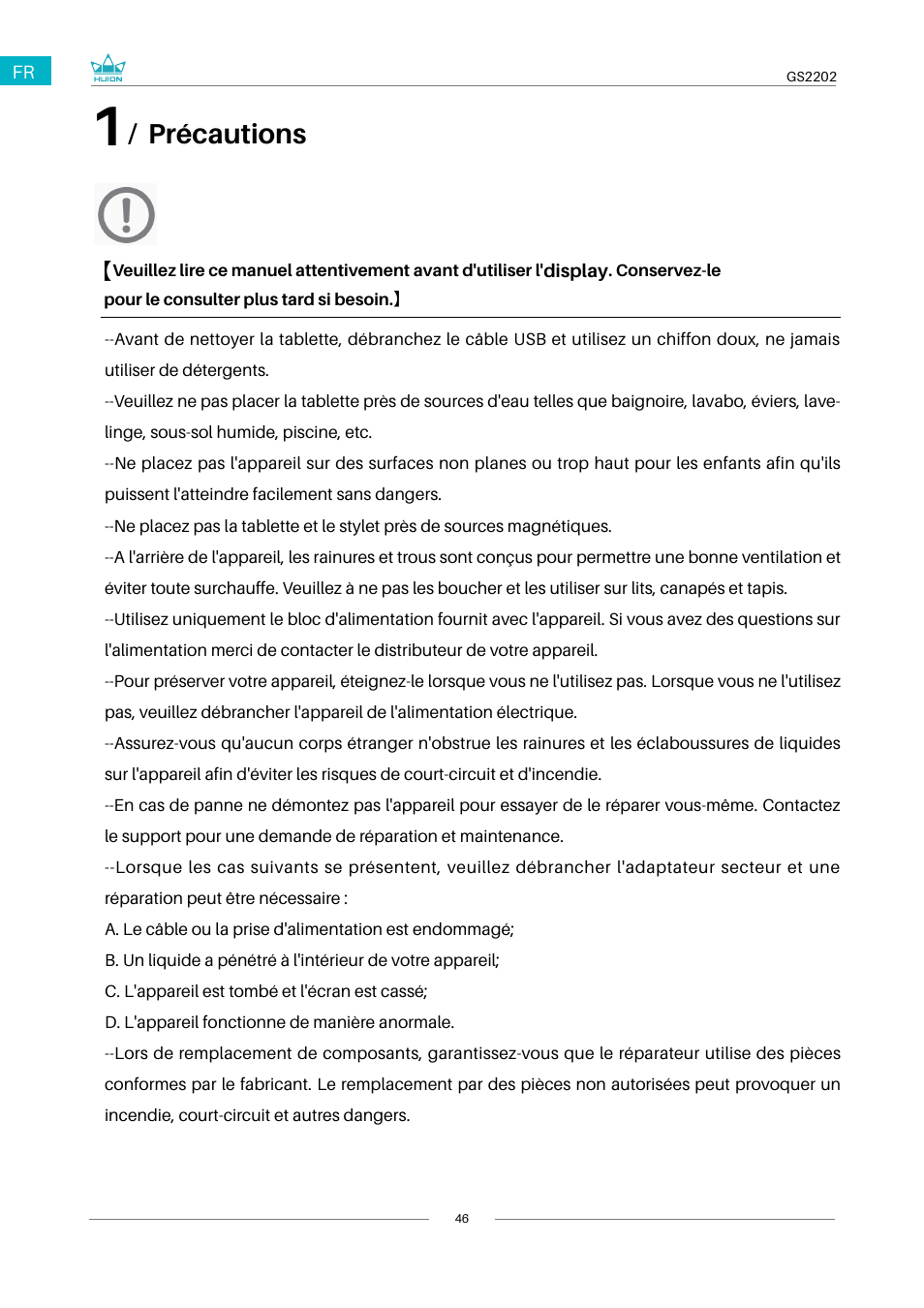 1 / précautions, 2 / présentation du produit, Précautions | Huion Kamvas 22 Plus Pen Display User Manual | Page 46 / 125