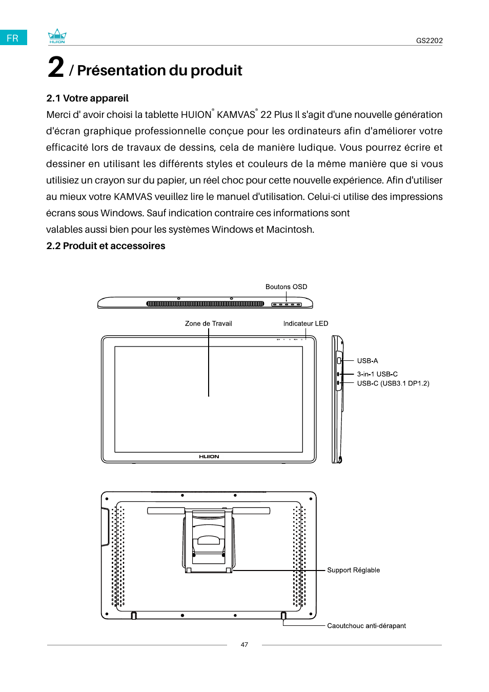 1 votre appareil 2.2 produit et accessoires, Présentation du produit | Huion Kamvas 22 Plus Pen Display User Manual | Page 47 / 125
