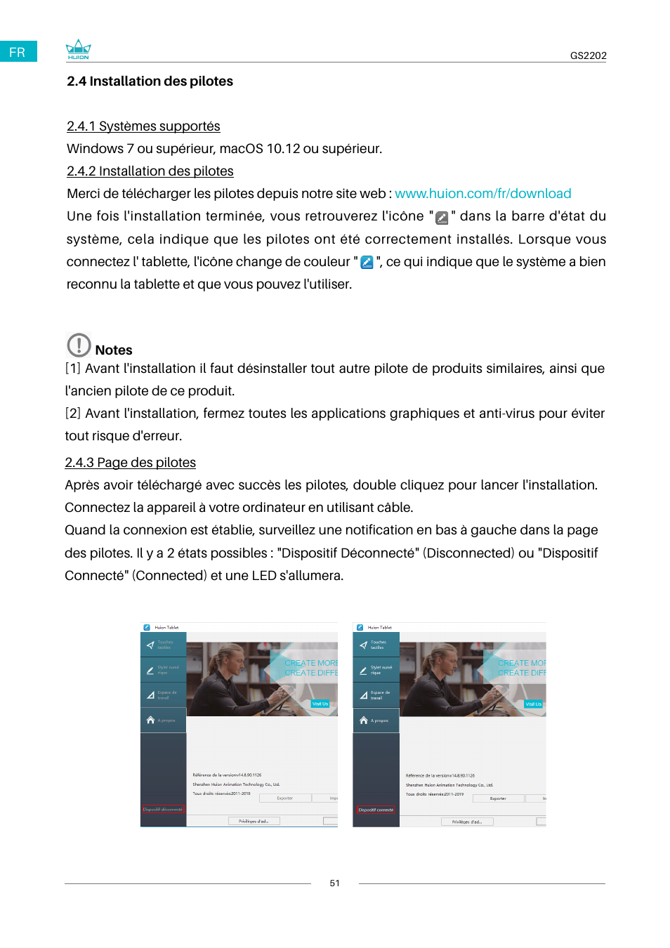 4 installation des pilotes | Huion Kamvas 22 Plus Pen Display User Manual | Page 51 / 125
