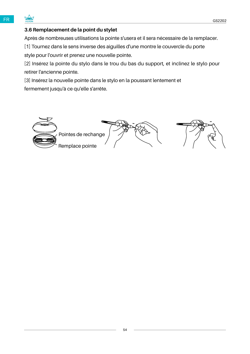 6 remplacement de la point du stylet | Huion Kamvas 22 Plus Pen Display User Manual | Page 54 / 125