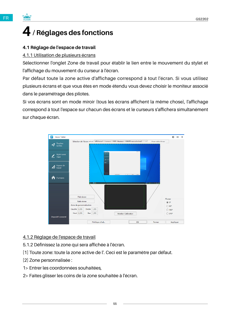 4 / réglages des fonctions, 1 réglage de l'espace de travail, Réglages des fonctions | Huion Kamvas 22 Plus Pen Display User Manual | Page 55 / 125