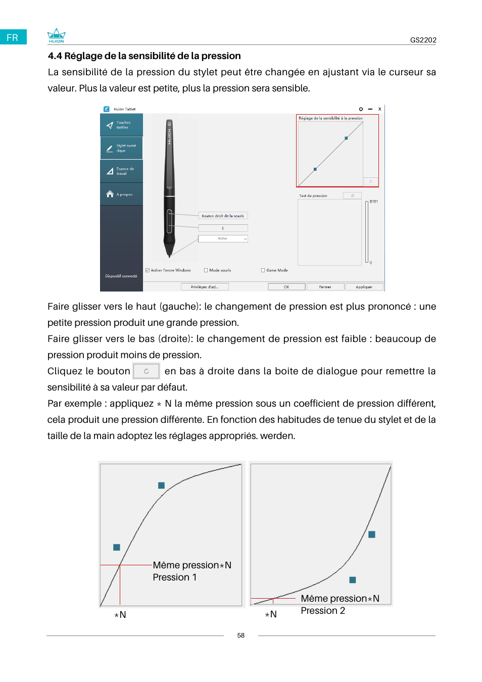 5 réglage de la sensibilité de la pression | Huion Kamvas 22 Plus Pen Display User Manual | Page 58 / 125
