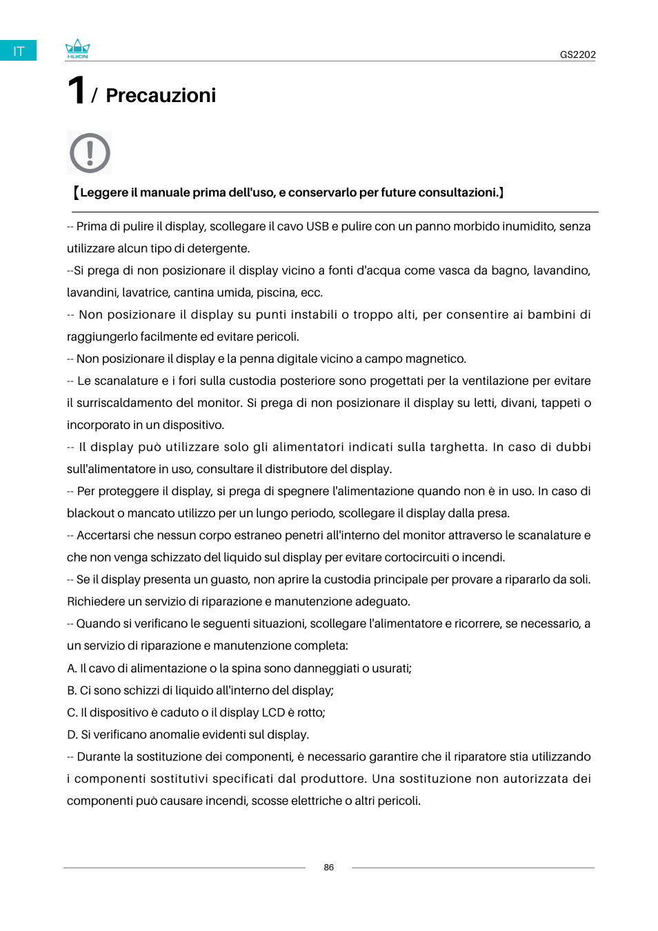 1 / precauzioni, 2 / panoramica del prodotto, Precauzioni | Huion Kamvas 22 Plus Pen Display User Manual | Page 86 / 125