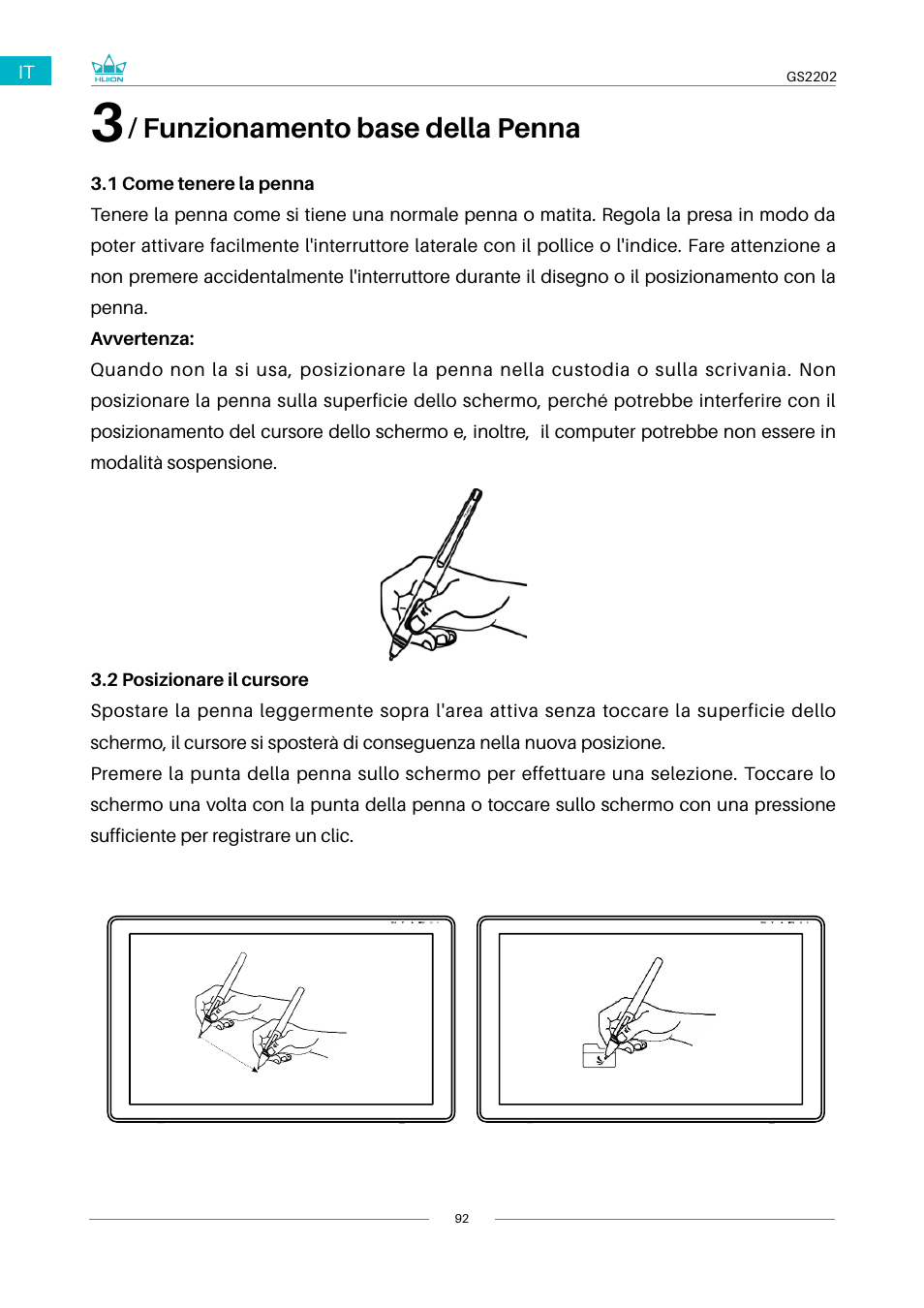 3 / funzionamento base della penna, 1 come tenere la penna 3.2 posizionare il cursore, Funzionamento base della penna | Huion Kamvas 22 Plus Pen Display User Manual | Page 92 / 125