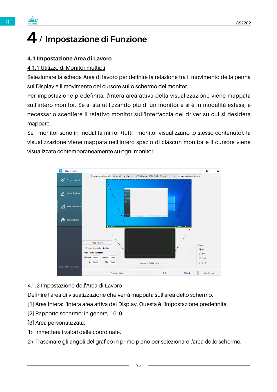 4 / impostazione di funzione, 1 impostazione area di lavoro, Impostazione di funzione | Huion Kamvas 22 Plus Pen Display User Manual | Page 95 / 125