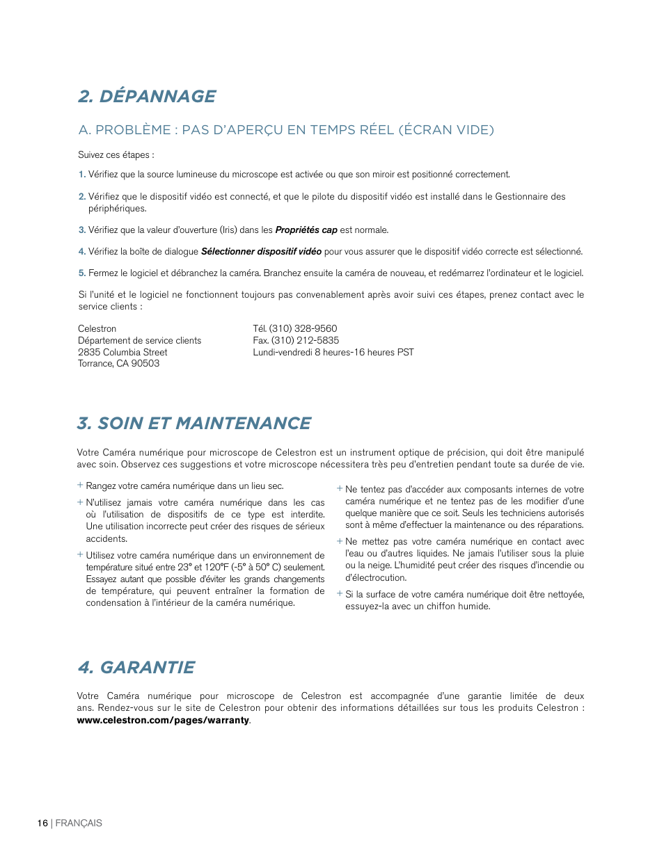 Dépannage, Garantie 3. soin et maintenance | Celestron 2MP Digital Microscope Imager User Manual | Page 33 / 85