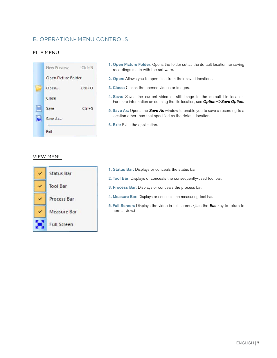 B. operation- menu controls | Celestron 2MP Digital Microscope Imager User Manual | Page 7 / 85