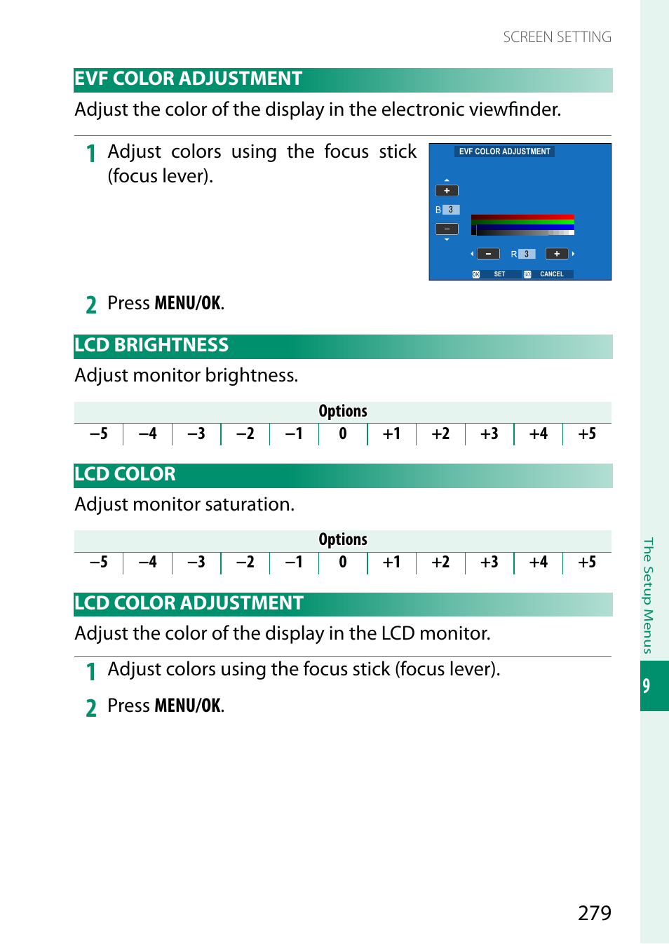 Evf color adjustment, Lcd brightness, Lcd color | Lcd color adjustment | FujiFilm X-S20 Mirrorless Camera with 18-55mm Lens (Black) User Manual | Page 305 / 424