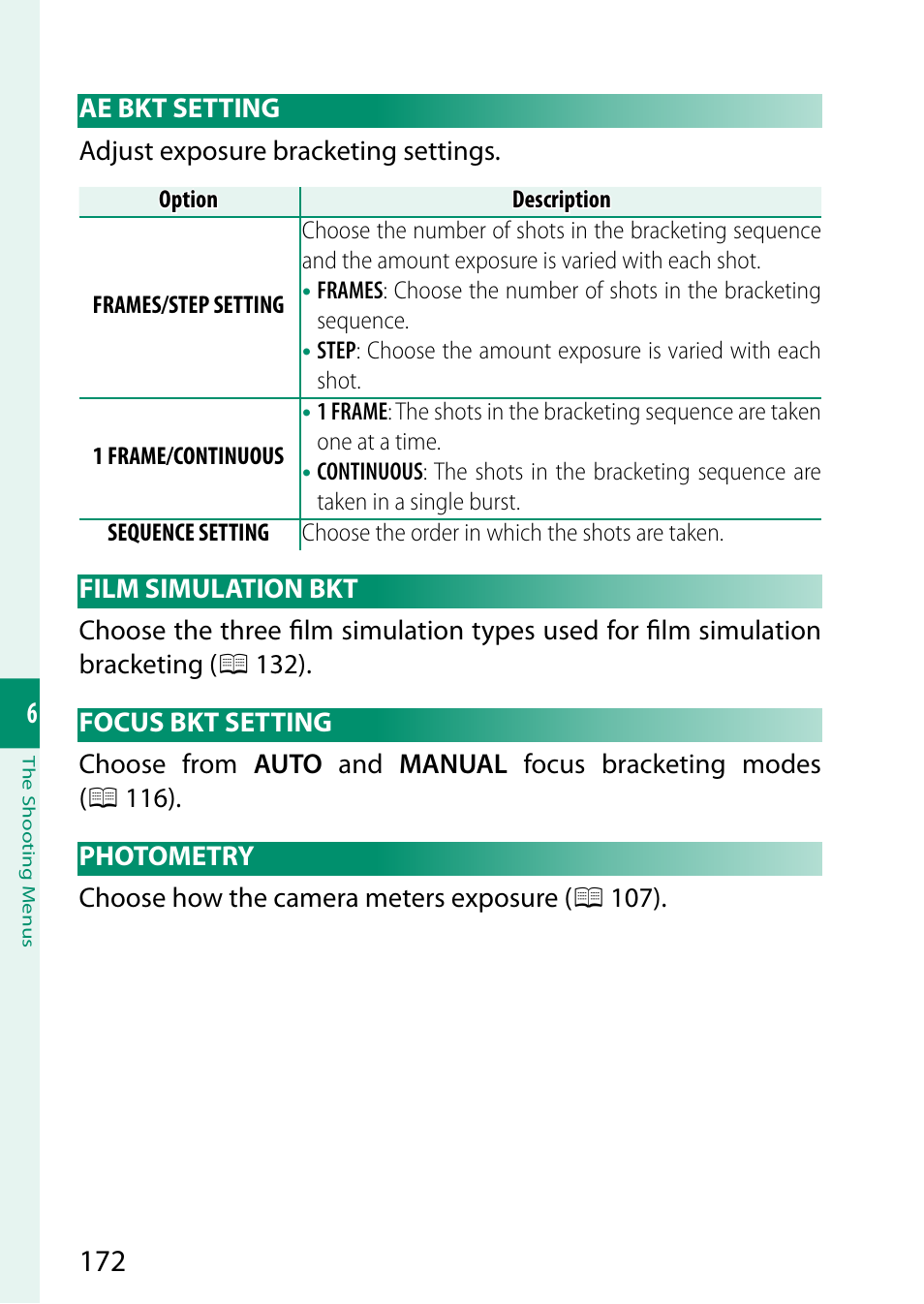 Ae bkt setting, Film simulation bkt, Focus bkt setting | Photometry | FujiFilm X-H2 Mirrorless Camera User Manual | Page 196 / 404