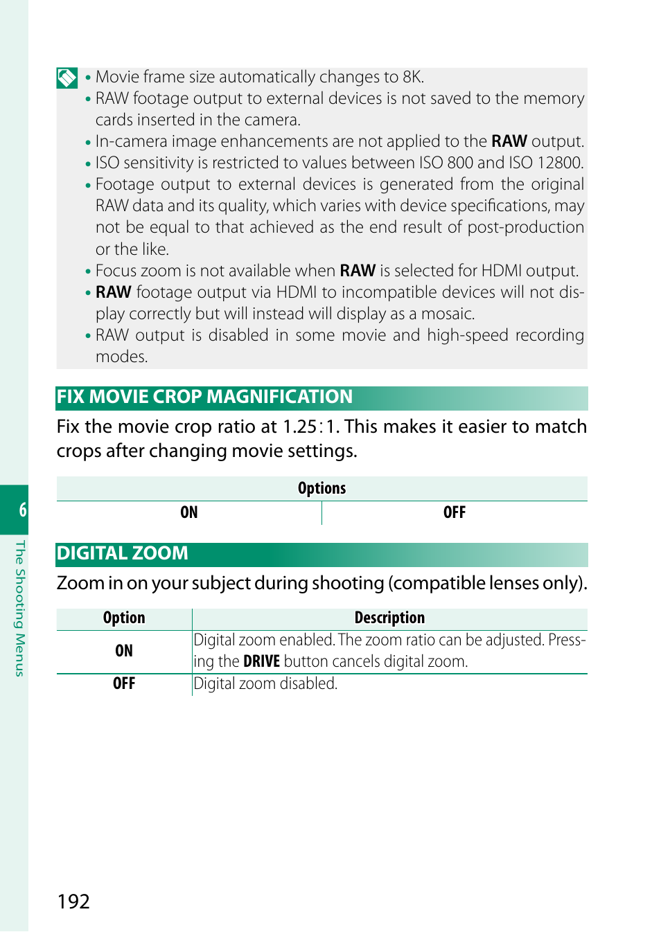 Fix movie crop magnification, Digital zoom, Fix movie crop magnification digital zoom | FujiFilm X-H2 Mirrorless Camera User Manual | Page 216 / 404