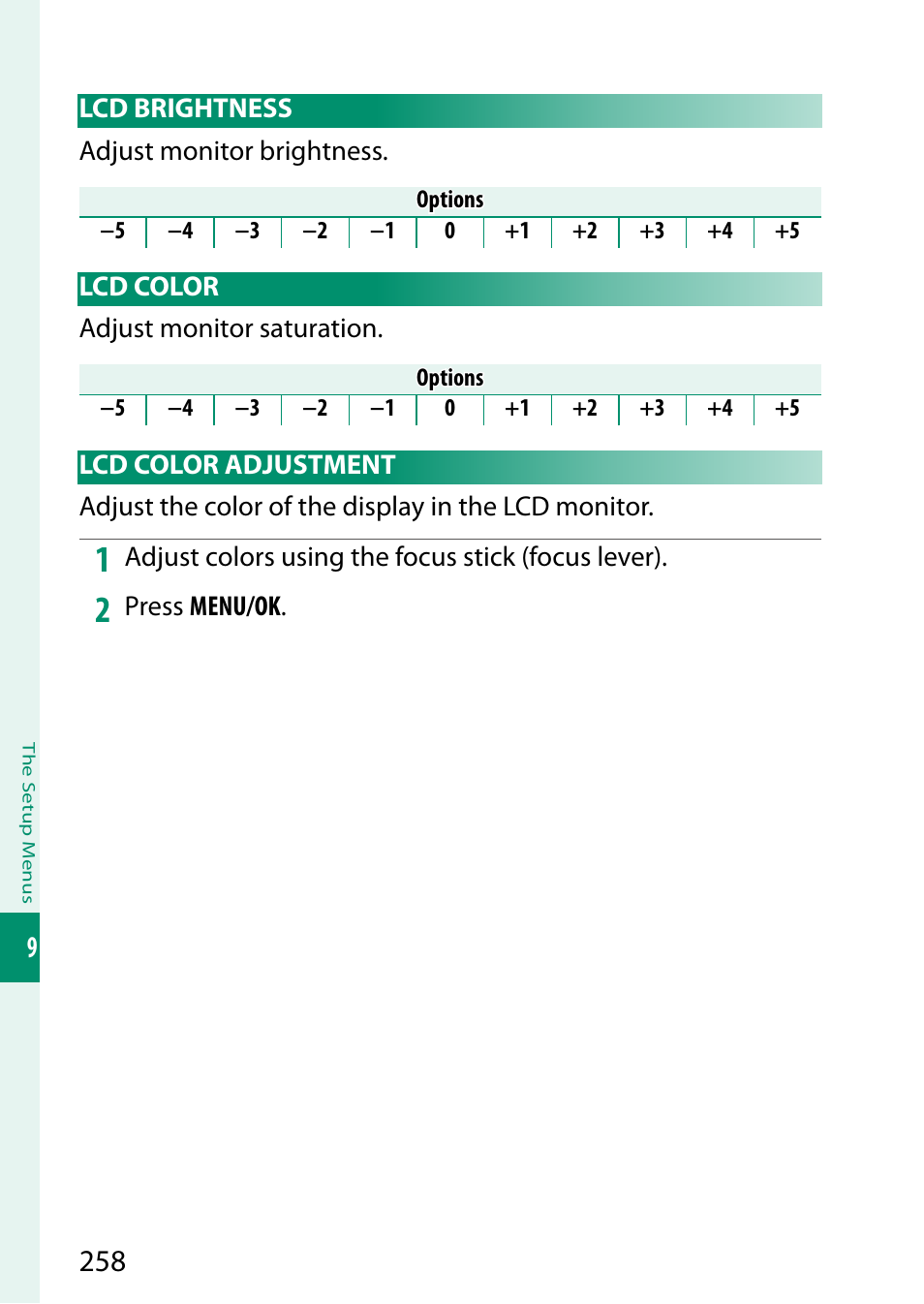 Lcd brightness, Lcd color, Lcd color adjustment | Lcd brightness lcd color lcd color adjustment | FujiFilm X-H2 Mirrorless Camera User Manual | Page 282 / 404