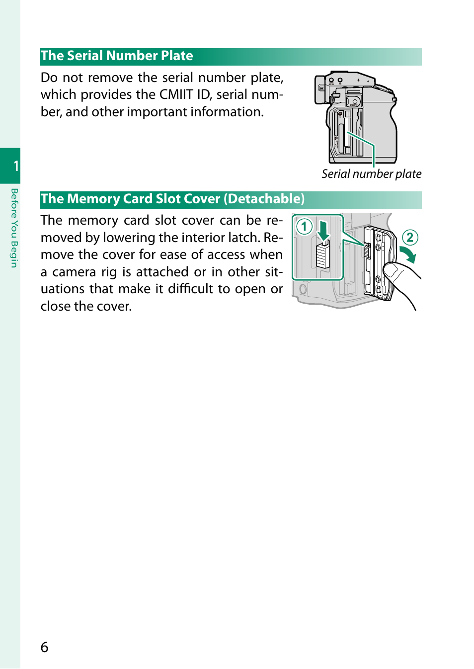 The serial number plate, The memory card slot cover (detachable) | FujiFilm X-H2 Mirrorless Camera User Manual | Page 30 / 404