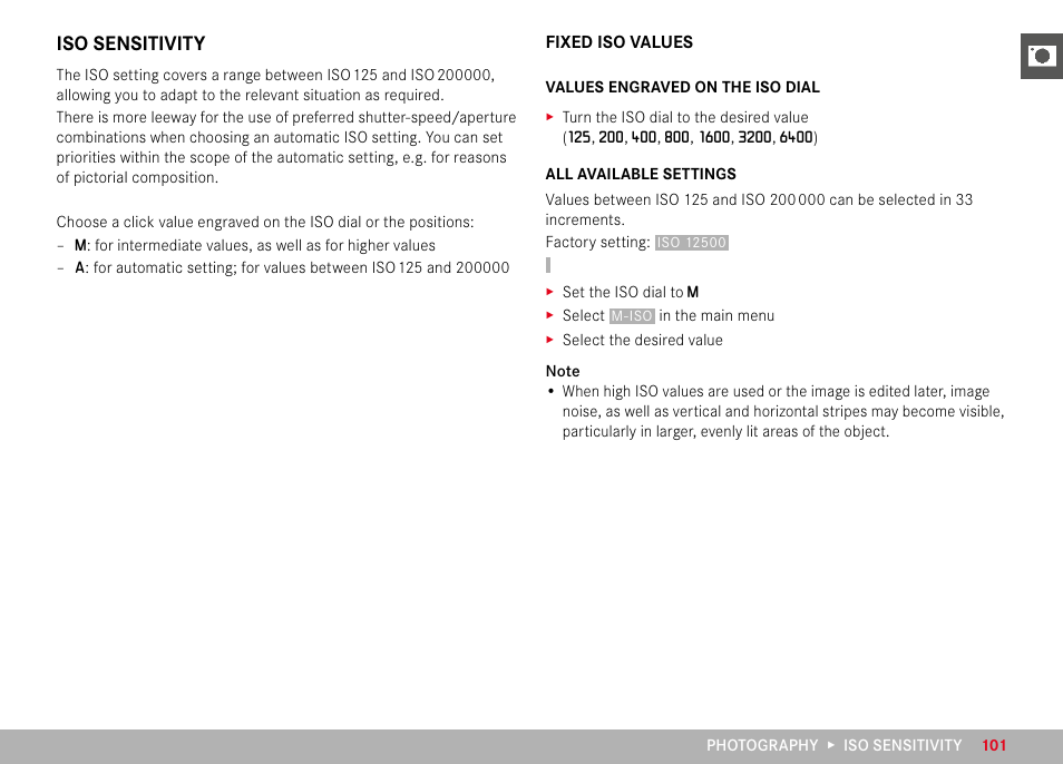 Iso sensitivity, Fixed iso values | LEICA M11 Monochrom Rangefinder Camera User Manual | Page 101 / 185