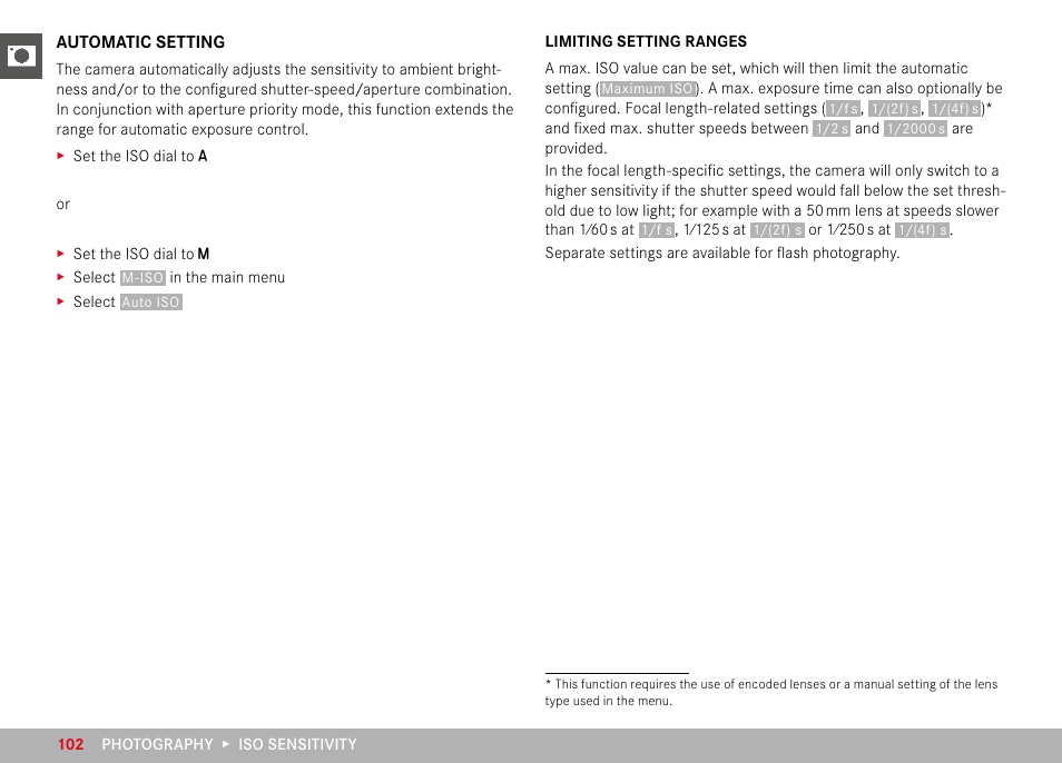 Automatic setting, Limiting setting ranges | LEICA M11 Monochrom Rangefinder Camera User Manual | Page 102 / 185