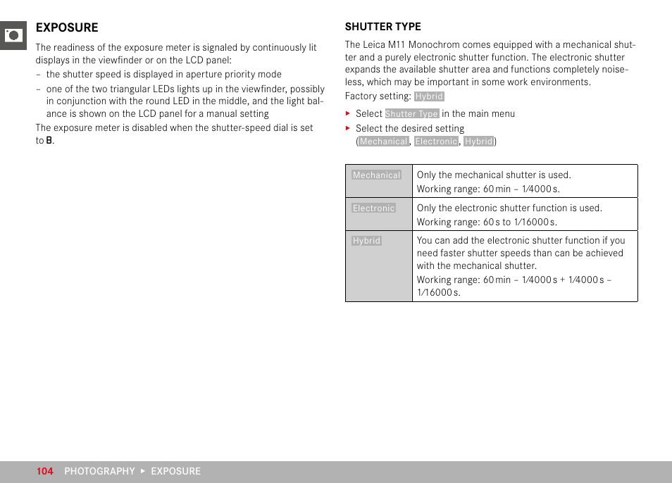 Exposure, Shutter type | LEICA M11 Monochrom Rangefinder Camera User Manual | Page 104 / 185