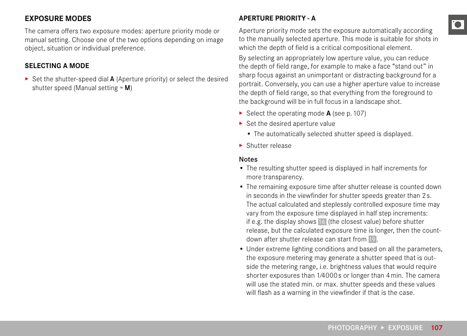Exposure modes, Aperture priority - a | LEICA M11 Monochrom Rangefinder Camera User Manual | Page 107 / 185
