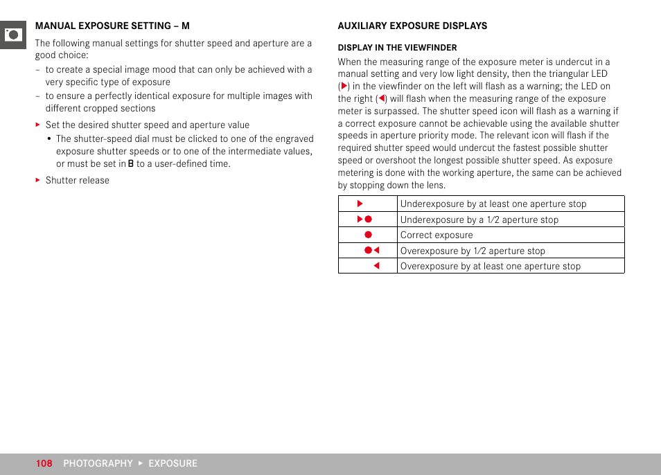 Manual exposure setting – m, Auxiliary exposure displays | LEICA M11 Monochrom Rangefinder Camera User Manual | Page 108 / 185