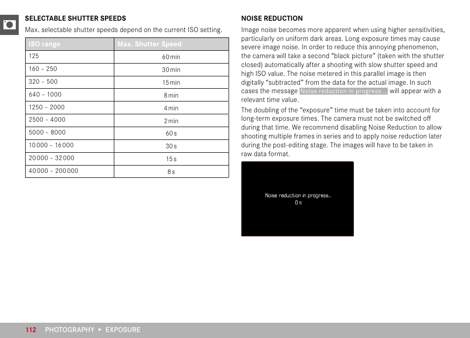 Selectable shutter speeds, Noise reduction, Selectable shutter speeds noise reduction | LEICA M11 Monochrom Rangefinder Camera User Manual | Page 112 / 185
