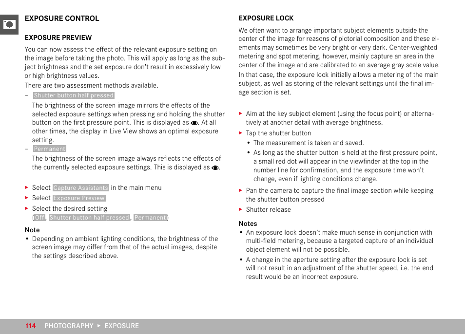 Exposure control, Exposure preview, Exposure lock | Exposure preview exposure lock | LEICA M11 Monochrom Rangefinder Camera User Manual | Page 114 / 185