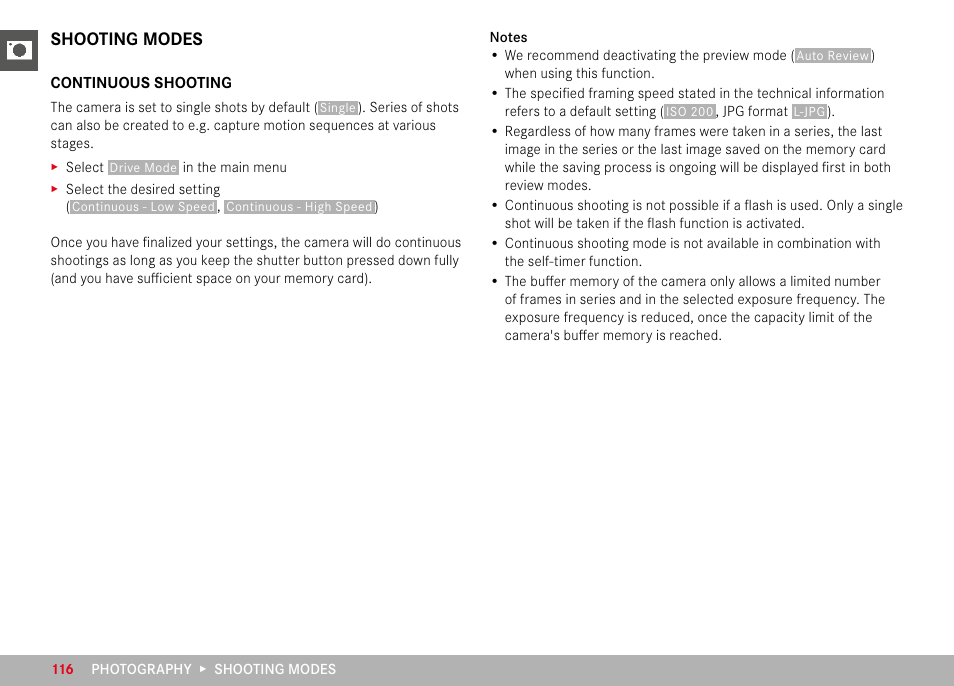 Shooting modes, Continuous shooting | LEICA M11 Monochrom Rangefinder Camera User Manual | Page 116 / 185