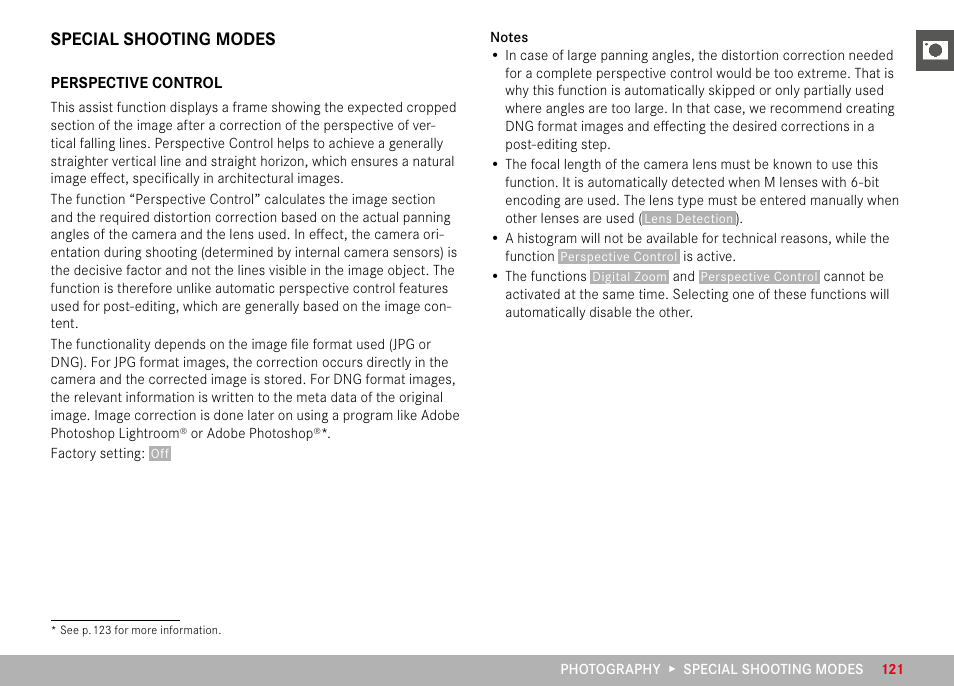 Special shooting modes, Perspective control | LEICA M11 Monochrom Rangefinder Camera User Manual | Page 121 / 185