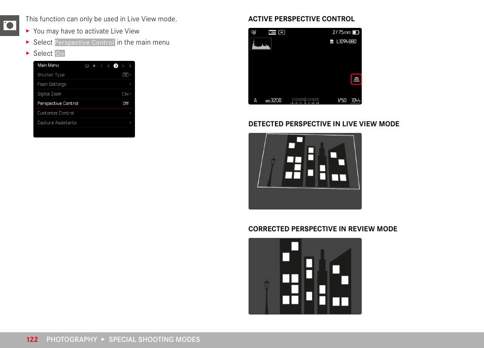 Active perspective control, Detected perspective in live view mode, Corrected perspective in review mode | LEICA M11 Monochrom Rangefinder Camera User Manual | Page 122 / 185