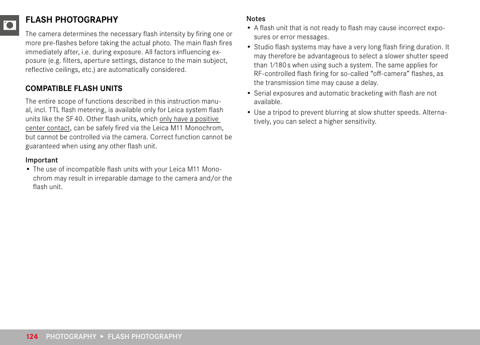 Flash photography, Compatible flash units | LEICA M11 Monochrom Rangefinder Camera User Manual | Page 124 / 185