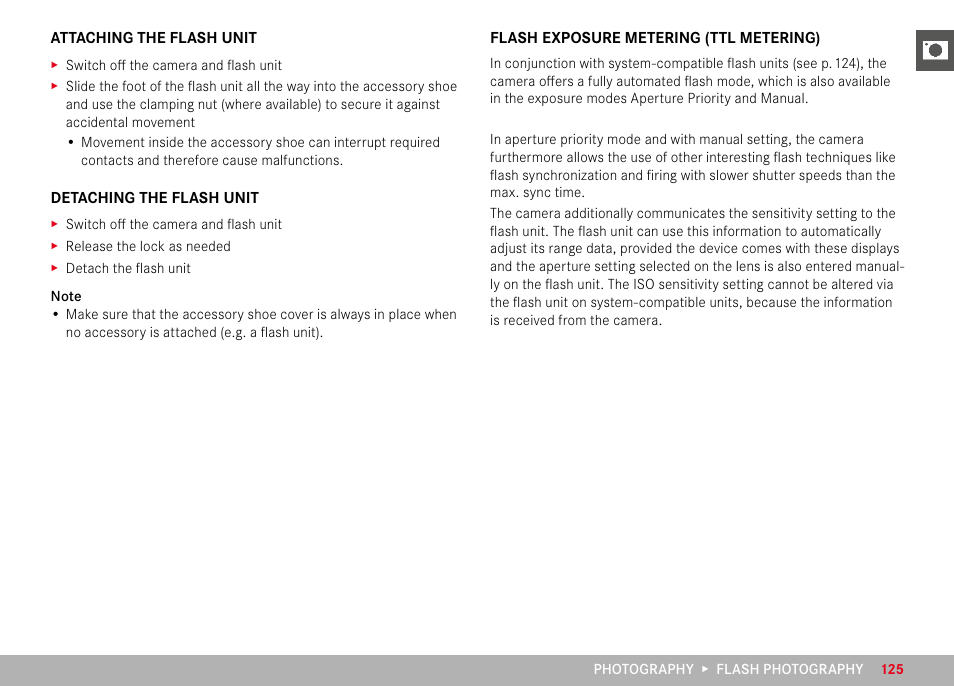 Flash exposure metering (ttl metering) | LEICA M11 Monochrom Rangefinder Camera User Manual | Page 125 / 185